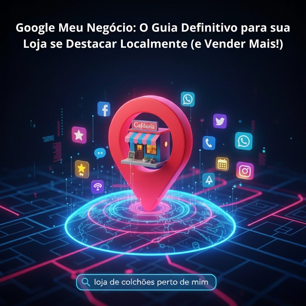 Pin de localização com ícones de mídias sociais e um mapa no fundo