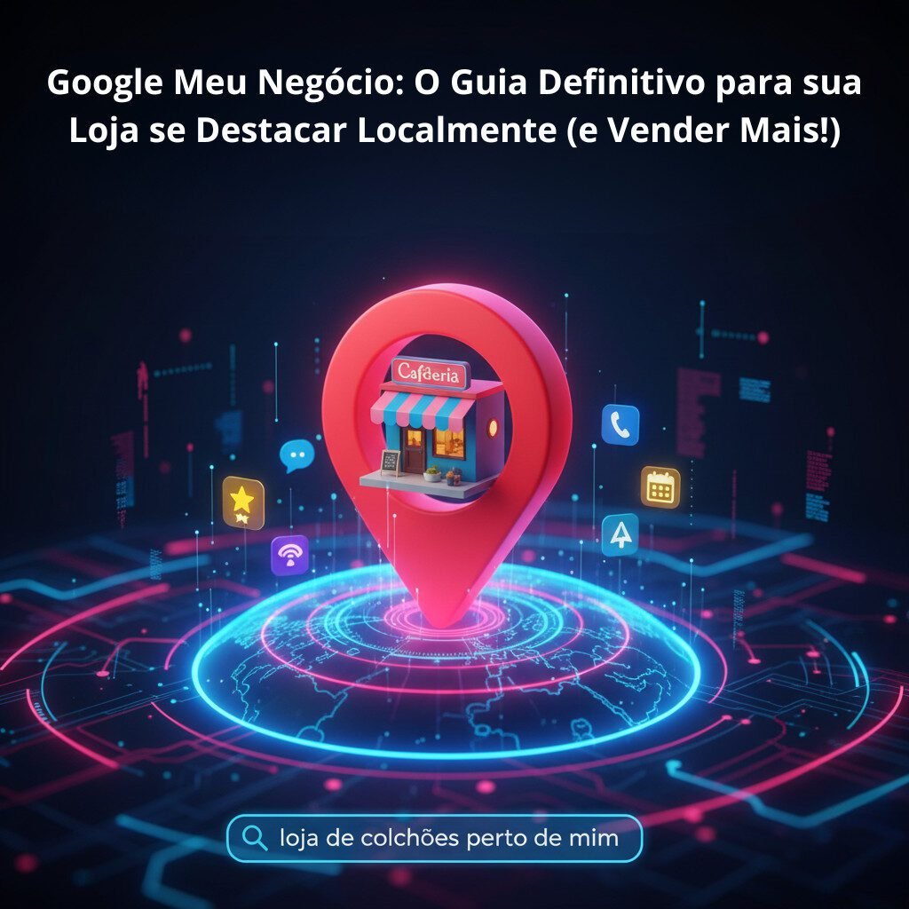 Pin de localização com ícones de avaliação, chat e loja local representando o Google Meu Negócio